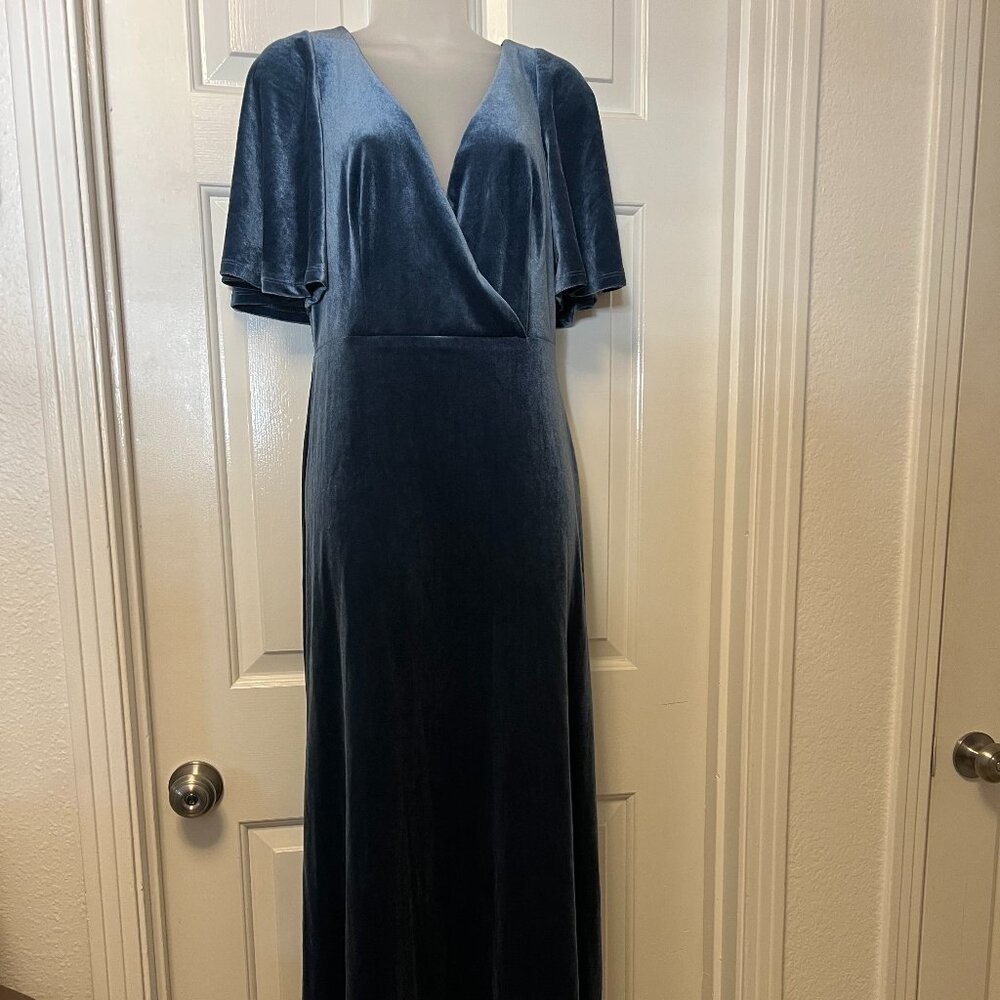 NWT Elegant Double V Neck Velvet Blue Evening Dress with Sleeves